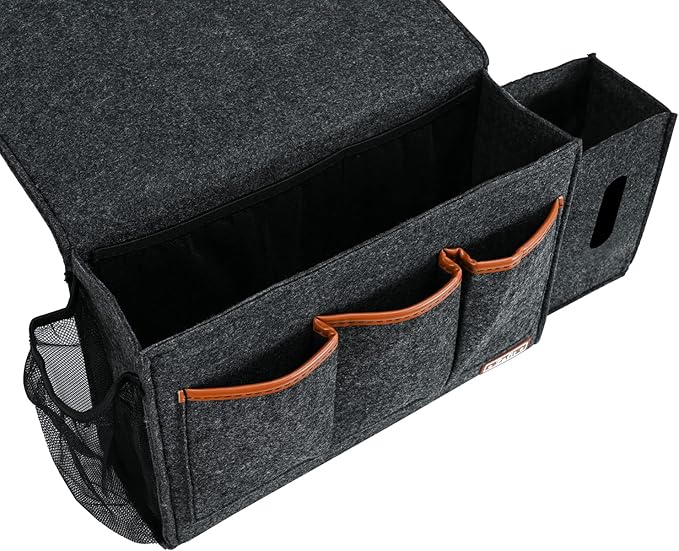Bedside Caddy, Large Size Storage Organizer - Bedside Organizer for Magazine, Remotes, Phone (13.4'' x 18.1'' Tissue Box Holder, Dark Grey)