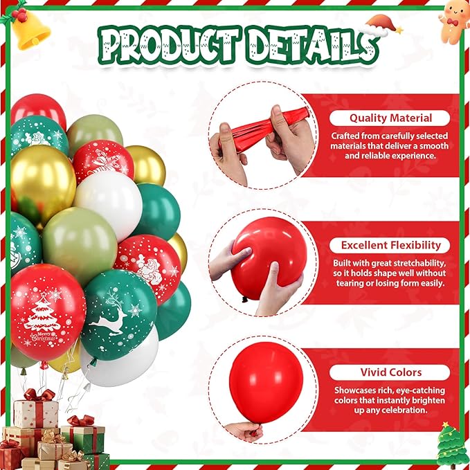 Christmas Balloons, Red Green Gold Balloons with Tree Elk Santa Claus Print Balloon, Retro Green Gold Red and White Xmas Party Balloon for Christmas Birthday New Year Winter Holiday Party Decorations