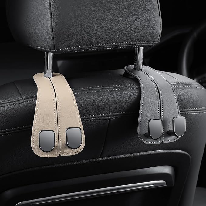 2 Pack KAFANLIN Car Headrest Hooks for Purses and Bags Cute Leather Car Seat Back Head Rest Double Hooks for Bags Cute Pink Beige Car Accessories Headrest Back Seat Handbags Hook (Pink 2 Pack)