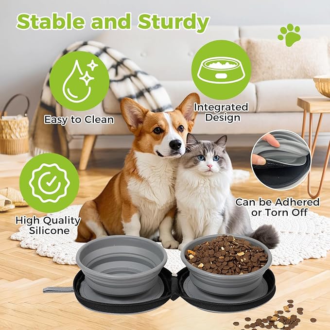 2-in-1 Dual Sided Collapsible Pet Bowl,Foldable Travel Dog Bowls, 2 in 1 Pet Bowl Portable Silicone Collapsible Cat Food and Water Bowl for Travel, Hiking and Walking, Bowls for Pet Food Serving