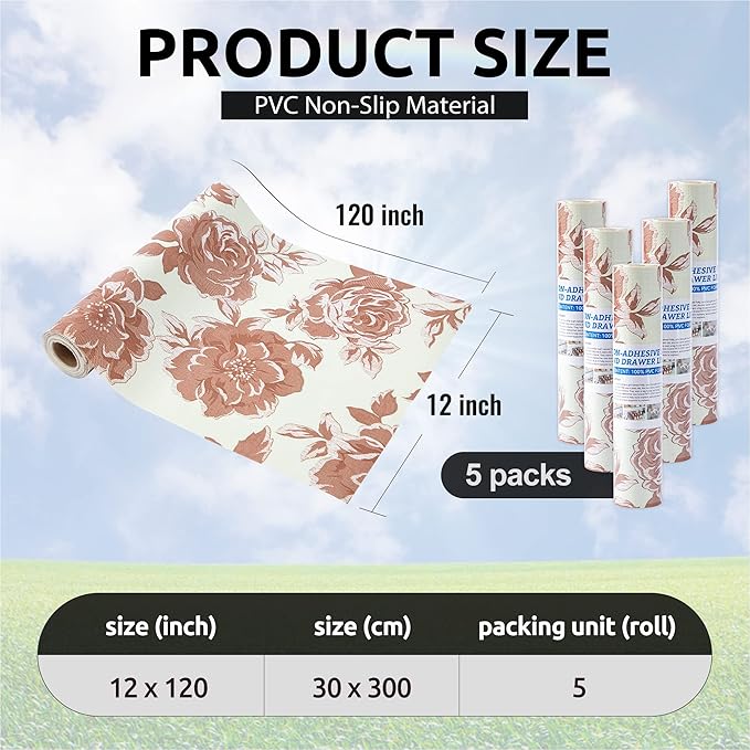 FIFTY FEET 12X120 Inch Shelf Liner for Kitchen Cabinets, PVC Drawer Liner for Dresser Non-Slip Bathroom, Non-Adhesive Cabinet Liner Washable (Red Flower)(5 Roll)