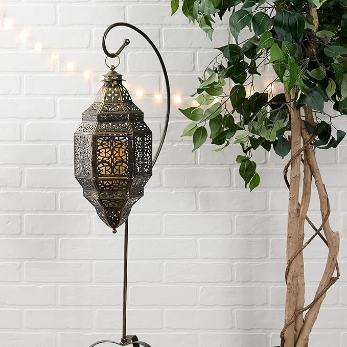 Zingz & Thingz Moroccan Style Candle Lantern Holder, Decorative Light Home Decor, Indoor & Outdoor, 41.25" Tall, Black with Stand