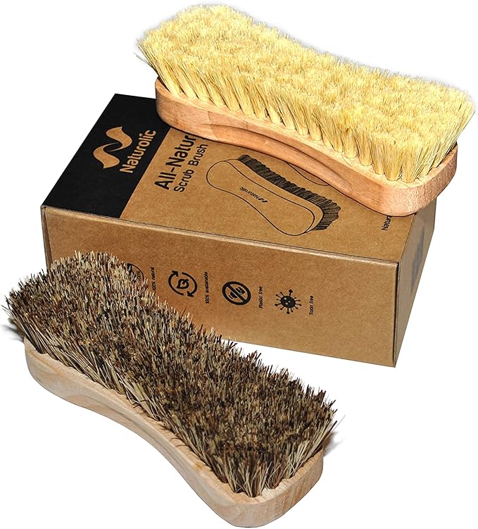 Naturolic All-Natural Wooden Scrub Brush Set | Wooden Handle | Tampico and Palmyra bristles | Eco Friendly Cleaning Products | Pack of 2