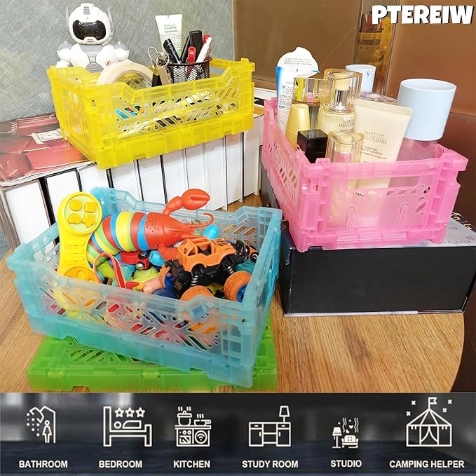 PTEREIW 4Pack Pastel Plastic Storage Crates and Baskets, Collapsible Crates for Organizing, 4L Space Saving Bins for Classroom, Kitchen, Office, Bedroom,Desk Organizer. (Mix Colors)