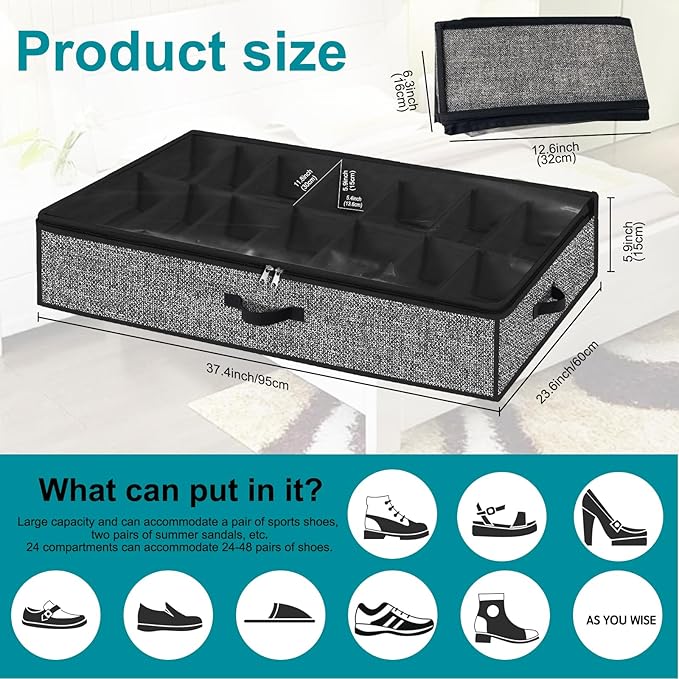 Under Bed Shoe Storage Organizer for Closet, 2 Pack - Fits 28 Pairs, Underbed Shoe Container Boxes with 2 Sturdy Handles and Clear Window, Black