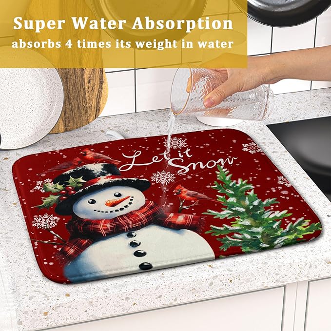 Winter Snowflake Red Dish Drying Mat for Kitchen Counter,Xmas Trees Snowman Cardinal Bird Drying Mat 16 x 18 Inch with High Absorbent Microfiber Drainer Mat for Coffee Bar