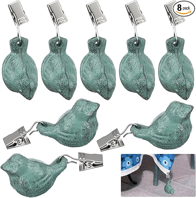 8 Pieces Cast Iron Antique Bird Tablecloth Weights Vintage Tablecloths Weights Clip on Hangers Pendant Tablecloth Weight Kit for Outdoor Home Garden Party Wedding Picnic Table Covers (Light Green)