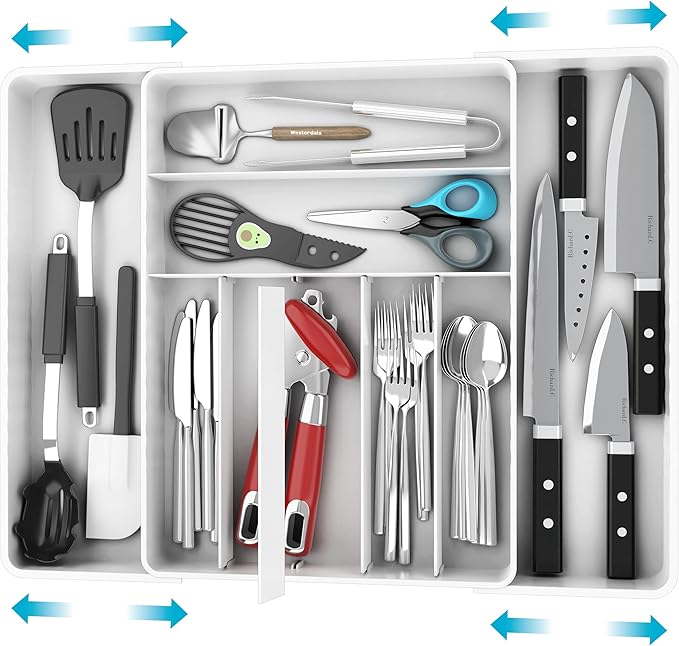 Simple Houseware Expandable & Adjustable Cutlery Drawer Organizer - Large Utensil and Flatware Tray for Kitchen Drawers, White