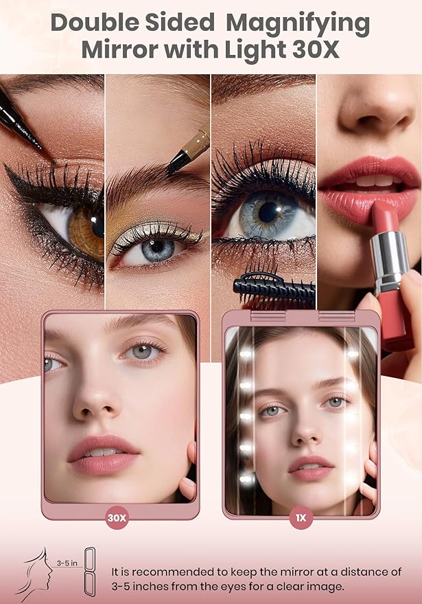 Compact Mirror, Rechargeable 30X Magnifying Mirror with 3 Lighting Modes & Dimmable Brightness, Portable Travel Makeup Mirror with Light, Essentials for Travel, Pocket, Purse, Gifts for Women Rose