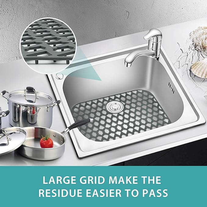Sink Protectors for Kitchen Sink, Kitchen Sink Accessory - Silicone Mats Grid for Stainless Steel Strainer Bottom of Farmhouse Porcelain sinks (21”x16”, Rear Drain)