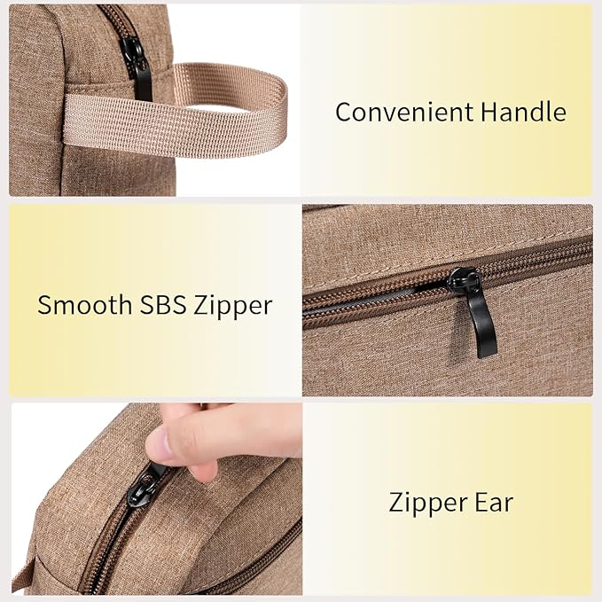 Travel Toiletry Bag, Small Cosmetic Bag, Hanging Water-Resistant Organizer for Men & Women, Ideal for Makeup, Shaving Kit, Gym Essentials & Travel Accessories (Camel)