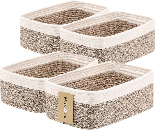 MiniArk Small Storage Baskets for Organizing | Closet Organizer Bins | Shelf Toy Basket | Woven Rope Baskets | Cube Decorative Box | Shallow Basket | 13x8.5x5.1” | 4 Packs White Brown