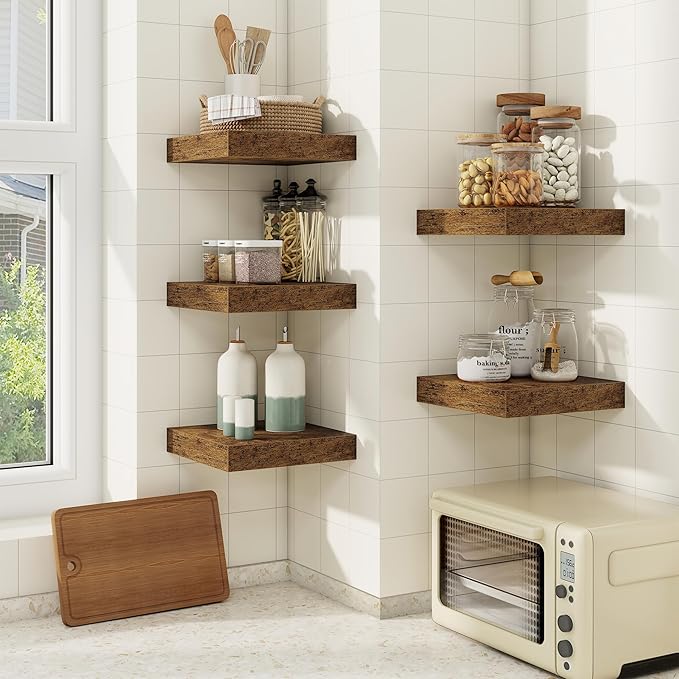 fuqing Floating Shelves for Wall, Wall Mounted Wood Floating Shelf with Invisible Brackets for Living Room, Bathroom, Bedroom, Kitchen Storage and Decor, 6.5 Inch Set of 3, Rustic Brown