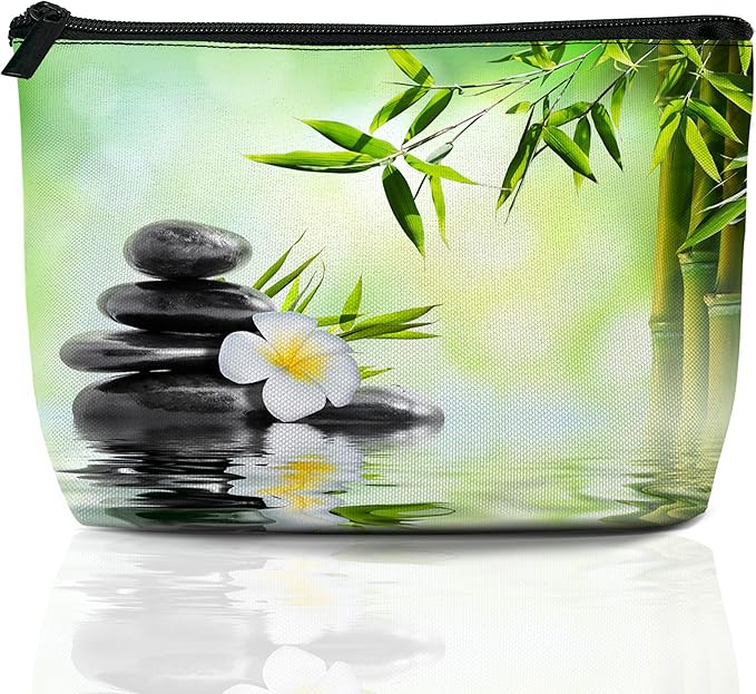 Zen Spa Makeup Bag Travel Cosmetic Bag for Women,Grey Stones Flowers Small Make up Pouch Travel Bags for Toiletries Aesthetic Accessories Waterproof Gifts