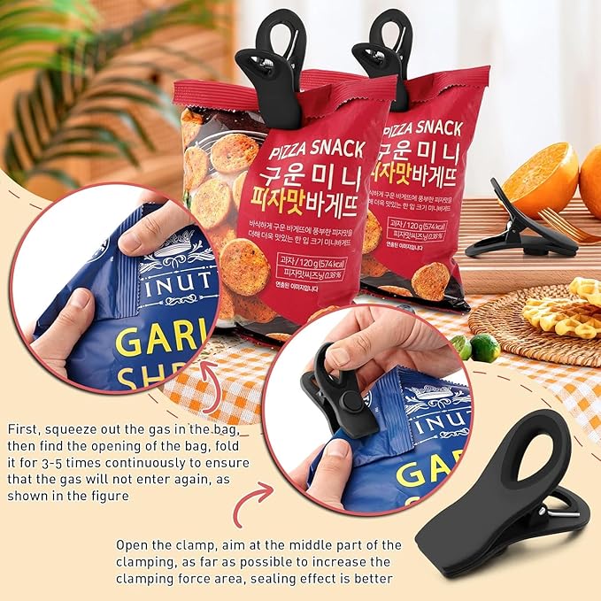 FINDMAG 24 Pack Chip Clips for Food Storage, Magnetic Plastic Bag Clips with Strong Magnet for Fridge, Edge Clamp, Snack Bags, Chips, and Kitchen Use (Black)