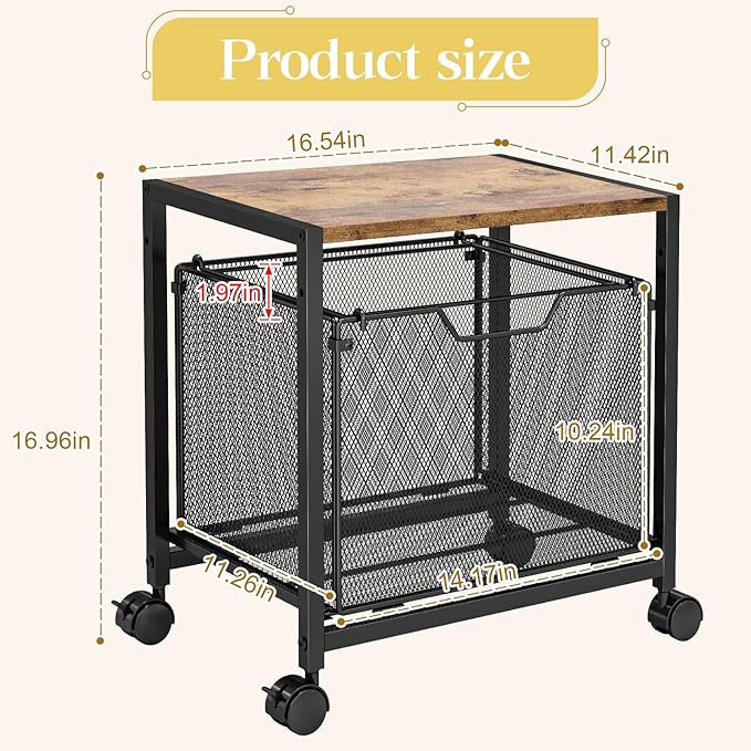JKsmart Printer Stand with Sliding Drawer, Under Desk File Cabinet with Caster Wheels,Rolling File Cart, 2 Tier Industrial Storage Shelf, Sofa Side Table Organizer for Home, Office, Brown