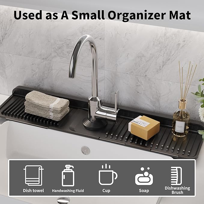 WAFT YEARN 24X5 Inch Silicone Durable Faucet Mat Kitchen Sink Splash Guard Draining Protector Tray Liner Absorbent Protective Counter Accessories For Sink Kitchen Bathroom Laundry Room Bar & RV Black