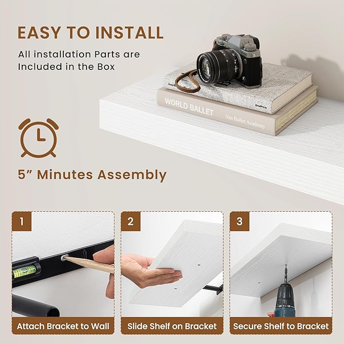 fuqing Floating Shelves for Wall, Wall Mounted Wood Floating Shelf with Invisible Brackets for Living Room, Bathroom, Bedroom, Kitchen Storage and Decor, 36 Inch Set of 2, White