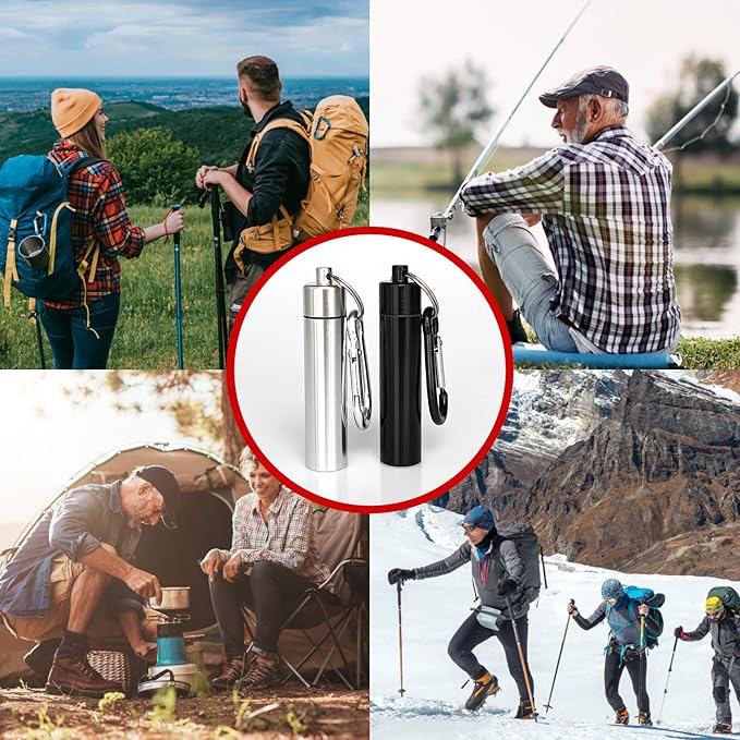 4 Pack Portable Pill Box Container Case Aluminum Alloy Keychain Pill Holder Waterproof Metal Earplugs Toothpick Box for Outdoor Camping Travel (2Pcs Black + 2Pcs Silver)