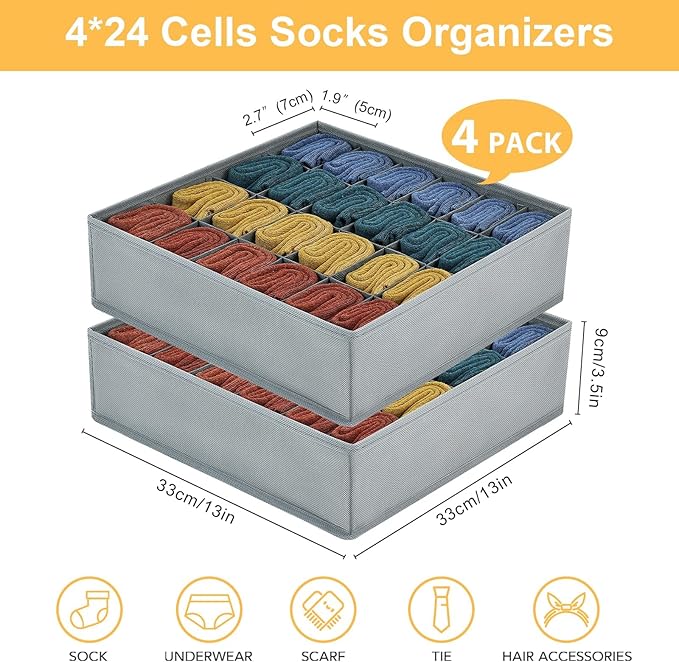 Joyoldelf Sock Drawer Organizer Divider Underwear Organizer 24-cell Fabric Dresser Drawer Organizers Storage Boxes for Socks Lingerie, Handkerchiefs, Ties 4 Pack (Grey)