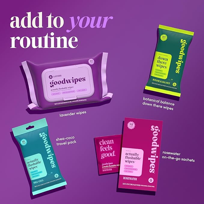 goodwipes Flushable Wipes for Adults - Lavender Butt Wipes for Women & Men, Septic Safe, Toilet & Bathroom Essentials, Extra Large, 318 Count (6 Packs and 1 Travel Pack)