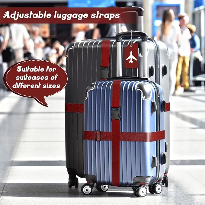 Weewooday 8 Pcs Luggage Straps Suitcase Tags Set for TSA Approved, 4 Travel Adjustable Suitcase Belt, 4 Silicone Luggage Tags with Name ID Card Travel Accessories(Wine Red,Airplane)