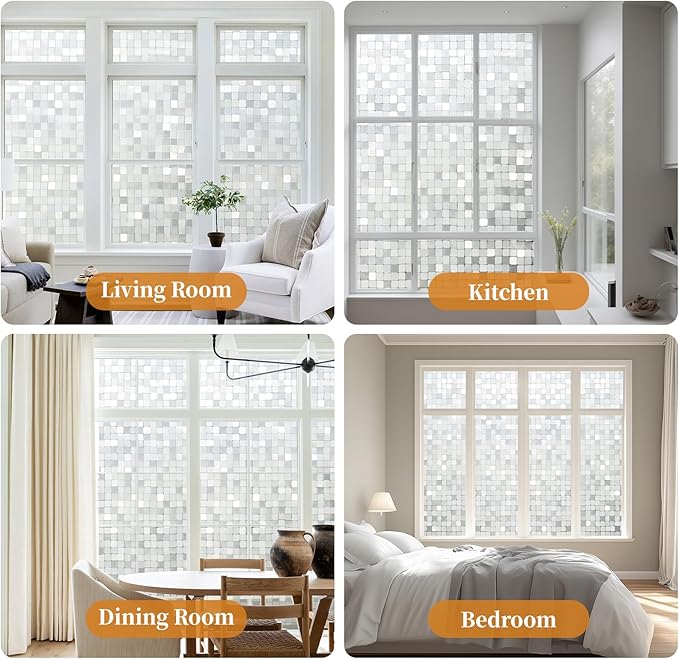 Window Privacy Film Frosted Glass Window Film Decorative, Removable Static Cling Heat Blocking Sun Blocker Front Door Window Covering for Bathroom Home Office (Mosaic, 35.4" x 78.7")