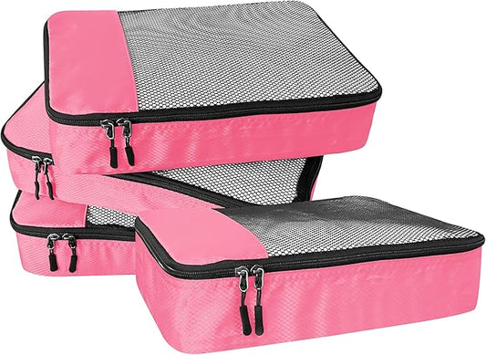 4-Piece Packing Cubes Travel Accessories Set for Suitcases - Luggage Organizer Bags with Double Zipper - Mesh Top - Medium - Pink