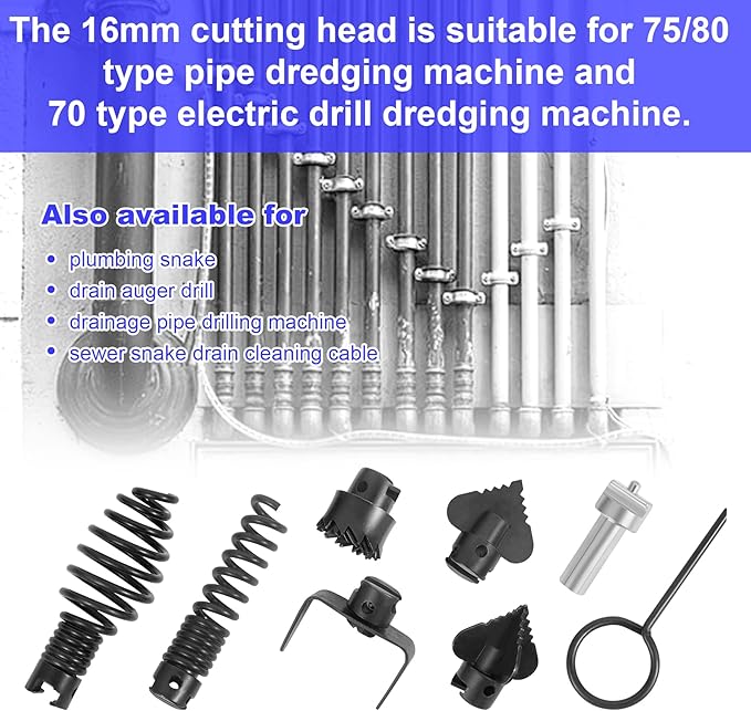 16mm Drain Cleaner Combination Cutter Head Set is drain auger drill attachment & drain snake drill attachment，Relioky 8pcs drain cleaning drum machine tool set for pipe drain cleaner machine,silver