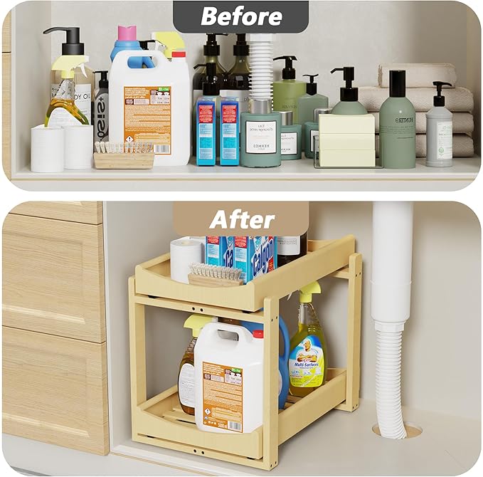 Wisuce Essentials Bamboo Under Sink Organizer, Adjustable Height, 2-Tier Bathroom Organizer, Pull-Out Cabinet Storage, Heavy-Duty Wood Slide-Out Shelf for Kitchen Bathroom (Nature, 1 Pack)