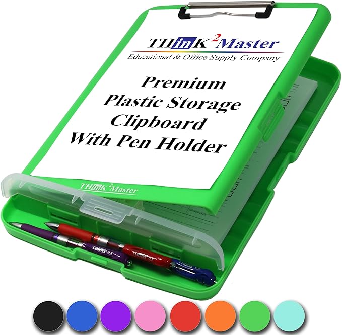 Think2Master Green Plastic Storage Clipboard with Pencil Holder. | 25% Heavier & 25% Sturdier| Heavy Duty. Must Have for Nurses, Teachers & Classrooms.