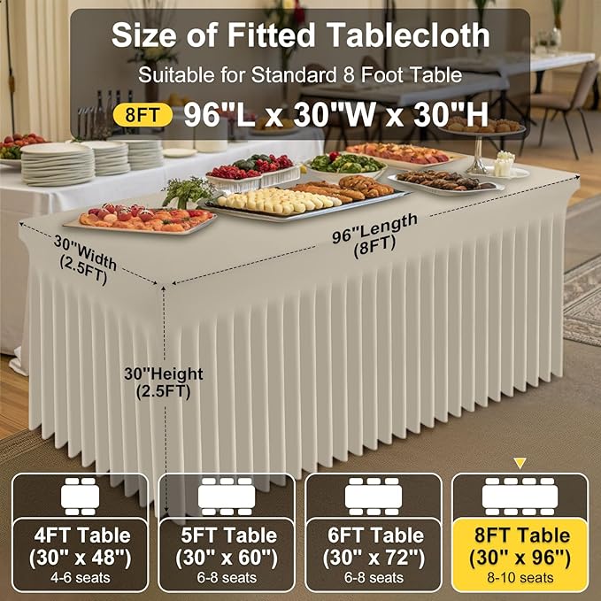 Smiry Spandex Tablecloth 2 Pack, Elastic Fitted Stretch Tablecloth for 8FT Rectangle Tables, Waterproof Washable Table Cover Skirt for Outdoor, Wedding, Banquet & Parties (Taupe, 96Lx30Wx30H Inch)