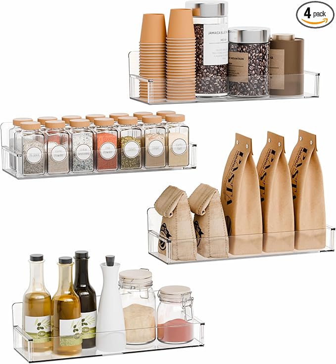 Yieach 4 Pack Clear Spice Rack Wall Mount with Adhesive,11.5″L x 3.6″W,Stick on Seasoning Jar Spice Organization for Cabinet Door or Pantry Door,Adhesive Wall Spice Rack for RV,Kitchen,Inside Cabinets