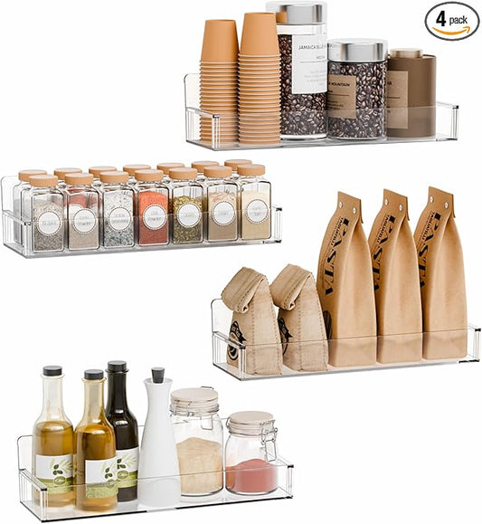 Yieach 4 Pack Clear Spice Rack Wall Mount with Adhesive,11.5″L x 3.6″W,Stick on Seasoning Jar Spice Organization for Cabinet Door or Pantry Door,Adhesive Wall Spice Rack for RV,Kitchen,Inside Cabinets