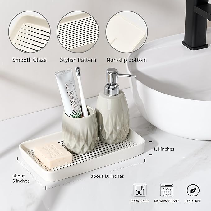 10"×6"×1" White Bathroom Vanity Tray for Countertop- Ceramic Decorative Organizer Tray for Dresser Tops, Toilet, Perfume, Sponge Holder Soap Dish Dispenser for Kitchen Counter- Black Stripes