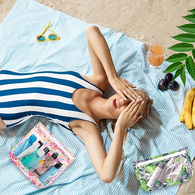 TSA Approved Toiletry Bag, Set of 3 Clear Travel Toiletry Bag Quart Size Zipper Travel Pouch, Waterproof Makeup Cosmetic Bag for Women Men Kids Toiletries Carry on, Green Leaves