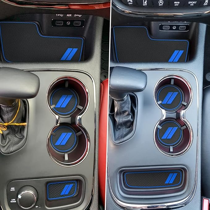 Center Console Mats for Durango Accessories 2014 2015 2016 2017 2018 2019 2020 Cup Holder Insert Coasters Custom Fit Cup Liners Pads Interior Decoration (Blue Trim) - 5 Pcs Set