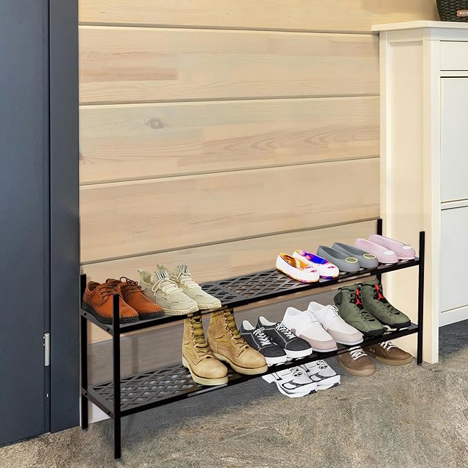 Shoe Rack, Expandable Shoes Organizer Metal Shelf Stand, 2-Tier Stackable Long Shoe Storage Holder for Closet, Floor, Entryway, Garage, Bedroom, Door Entrance for 12-18 Pairs, 45.6 Inches, Black