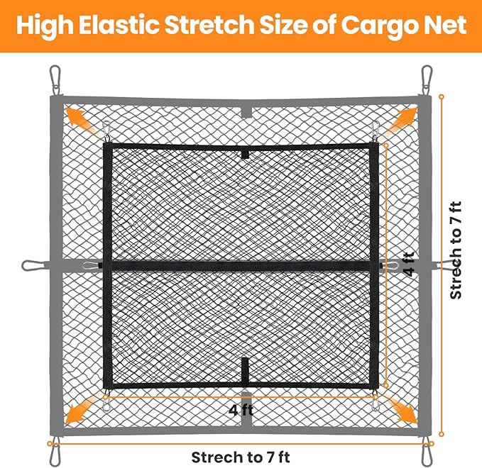 Truck Bed Net, Highly Elastic Cargo Net for Pickup Truck Bed, Stretchable Mesh Organizer for Pickup Trunk Bed, Suitable for Daily Light Loads of Trucks, 4'x4' Stretches to 7'x7'