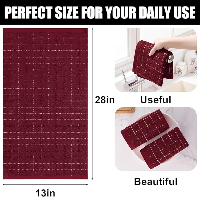 Homaxy 100% Cotton Terry Kitchen Towels(Burgundy Red, 13 x 28 inches), Checkered Designed, Soft and Super Absorbent Dish Towels, 12 Pack