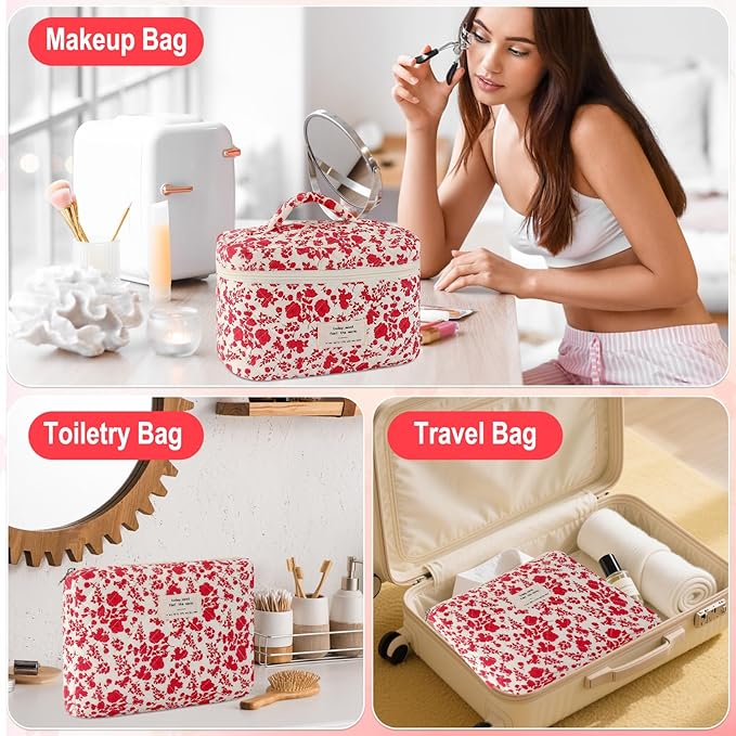 3Pcs Cotton Quilted Makeup Bag for Women Girls Large Small Travel Floral Cosmetic Bag Set Hot Pink Floral Print Zipper Make Up Pouch Aesthetic Cloth Flower Storage Toiletry Bags Organizer