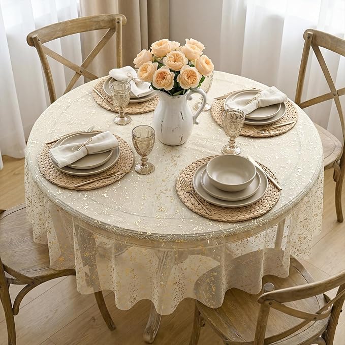 Horaldaily Beige Gold Gauze Tablecloth 60x60 Inch Round, Golden Sequin Glitter Metallic Foil, Sheer Tulle Cheesecloth for Wedding Baby Shower Ceremony Birthday