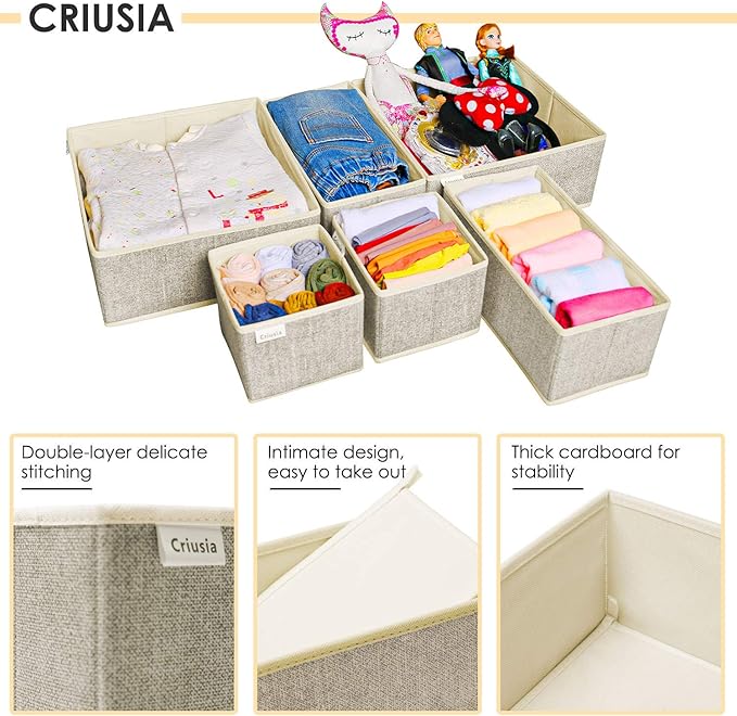 Criusia Underwear Drawer Organizer, 6 Set Foldable Underwear Drawer Organizer and Closet Dividers,Storage Box for Clothes, Socks, Underwear (6 Bins, Beige)