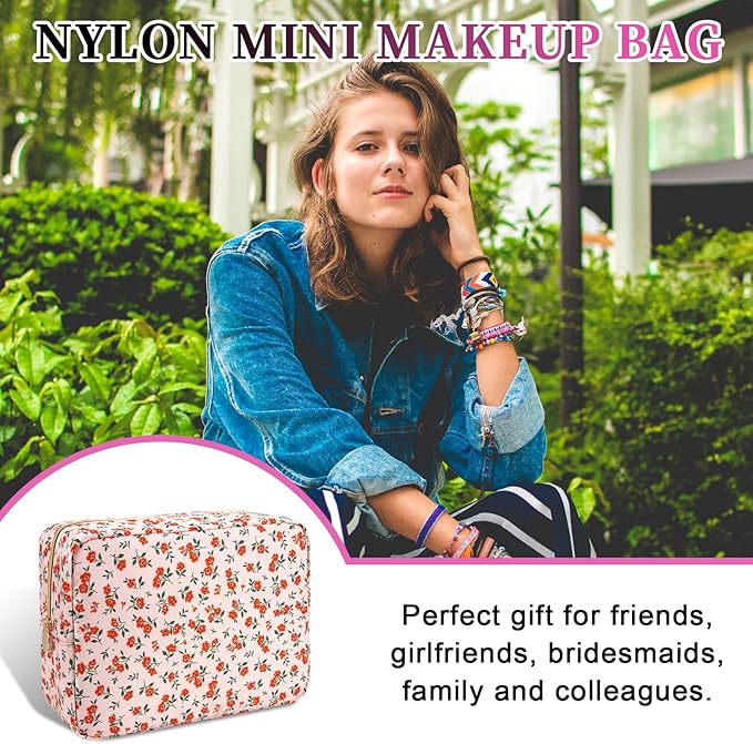 Waterproof Nylon Large Makeup Bag Travel Pouch, Floral Preppy Big Cosmetic Bag Make Up Organizer Toiletry Bag with Zipper, Large Capacity Cute Zipper Pouch Storage Bag for Women Girls(Orange Flower)