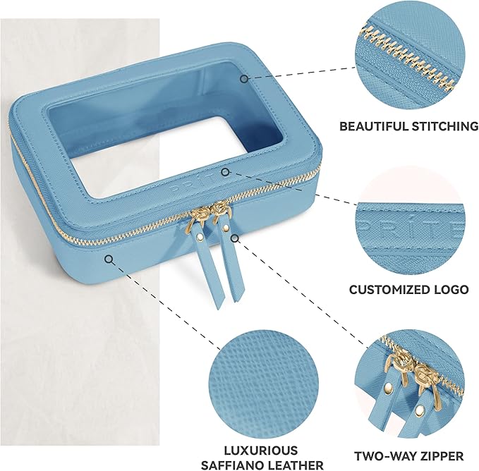 Prite Clear Makeup Bag Cosmetic Organizer Case Waterproof Travel Toiletry Bag Skincare Pouch with Golden Zipper (Blue)