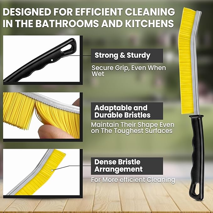 Crevice Cleaning Brush Set – 3Pcs Hard Bristle Cleaning Tools in Red, Black & Yellow for Grout, Tile Floors, Gaps & Narrow Spaces – Small Grout Scrub Brush for Bathroom, Shower, Window Tracks, Kitchen