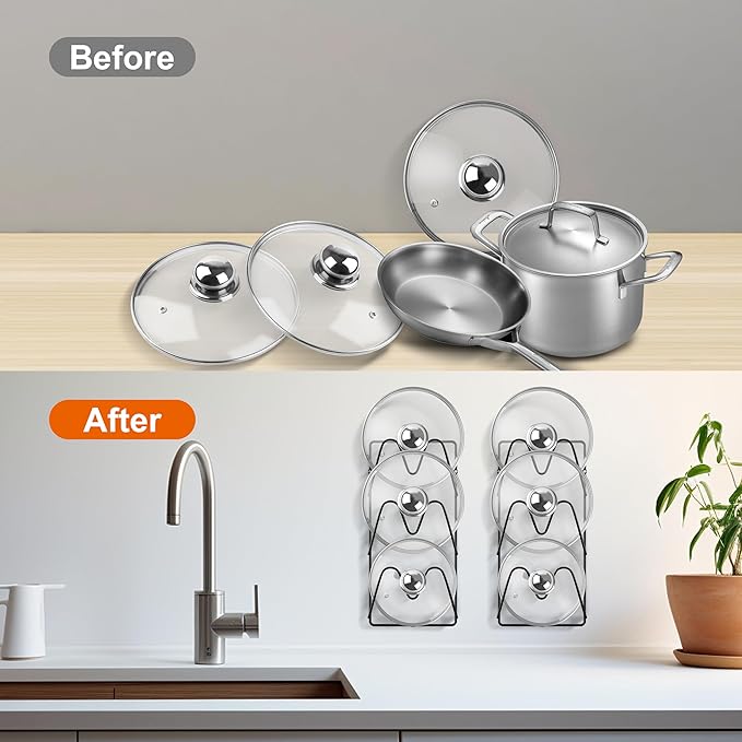 2 Pack Pot Lid Organizer Rack, 6 Tier Hanging Pot Lids Holder Inside Cabinet Door, No Drilling Adhesive Wall Mounted Pan Lid Organizer, Kitchen Cooking Lid Storage Rack for Cupboard (Black)