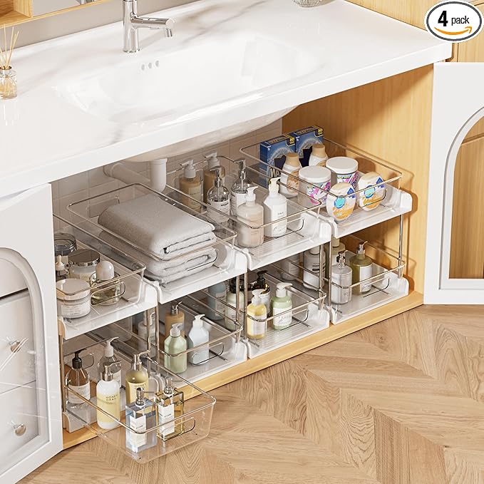 Vtopmart 4 Pack Bathroom Organizer, 2 Tier White Under Sink Organizers Vanity Countertop Storage Container, Cabinet Drawers Bins, Pull-Out Organization with Track for Pantry, Kitchen