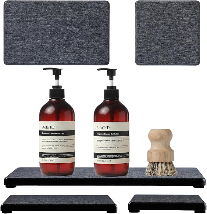 3PCS Water Absorbing Soap Dish Sponge Holder, Diatomite Stone Drying Tray Mat Sink Caddy for Kitchen Counter & Bathroom, Small Stone Bath Mat Faucet Accessories Organizer Protector, Dark Gray, 9"x 3.5"