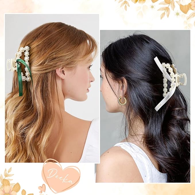 DEEKA Bridesmaid Proposal Gifts 8 Pack Pearl Bridesmaid Hair Claw Clips with Ribbon 3 Inch Hair Clips Bachelorette Party Favors Bridal Party Present Hair Accessories (Half Circle White&Dark Green)